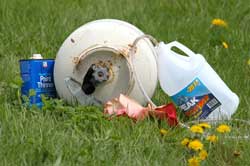 A picture of a propane cylinder, empty bottle and a tube on a roadside.