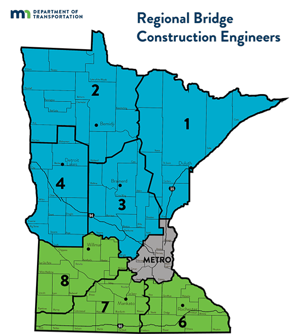 Regional Bridge construction personnel by district. See table below for details.