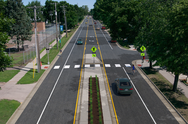 A simulated view of Hwy 95 in Bayport after construction showing a pedestrian refuge island, plantings, and RRFBs