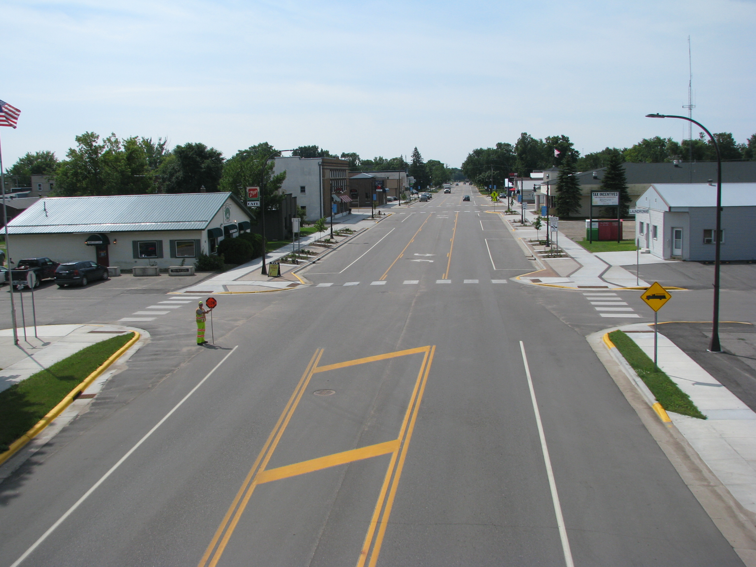 Hwy 29 in Parkers Prairie after  construction showing curb extensions and lane adjustments