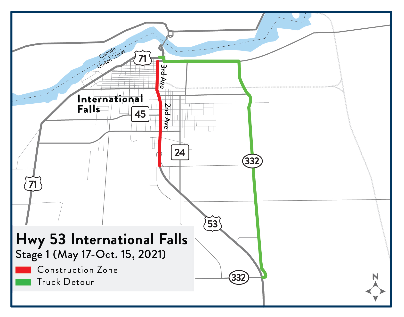 International Falls stage 1 detour map