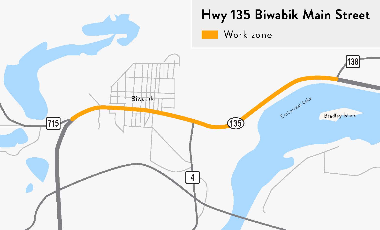 A map of the Hwy 135 Biwabik detour route