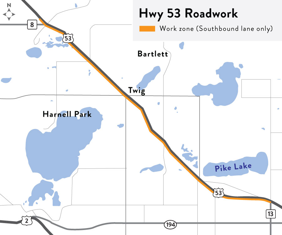 Map of Hwy 53 construction near Pike Lake