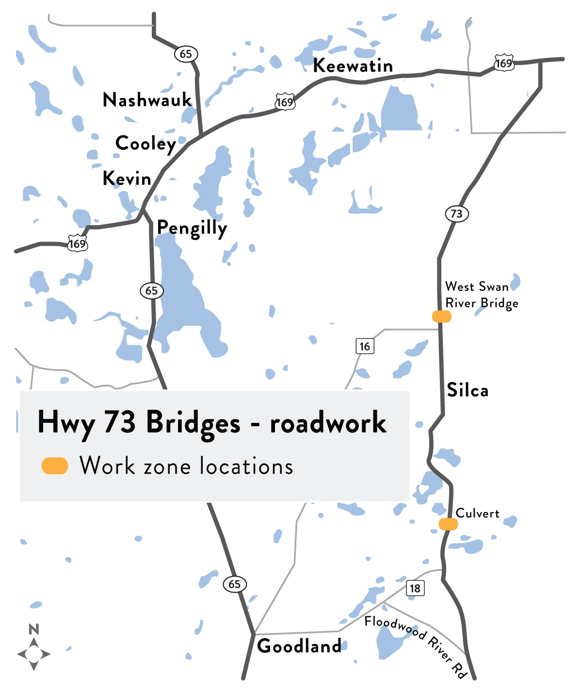 A rendering of the Detour on St Louis County Hwy 18 to Itasca County Hwy 20 to MN 65 to US 169.