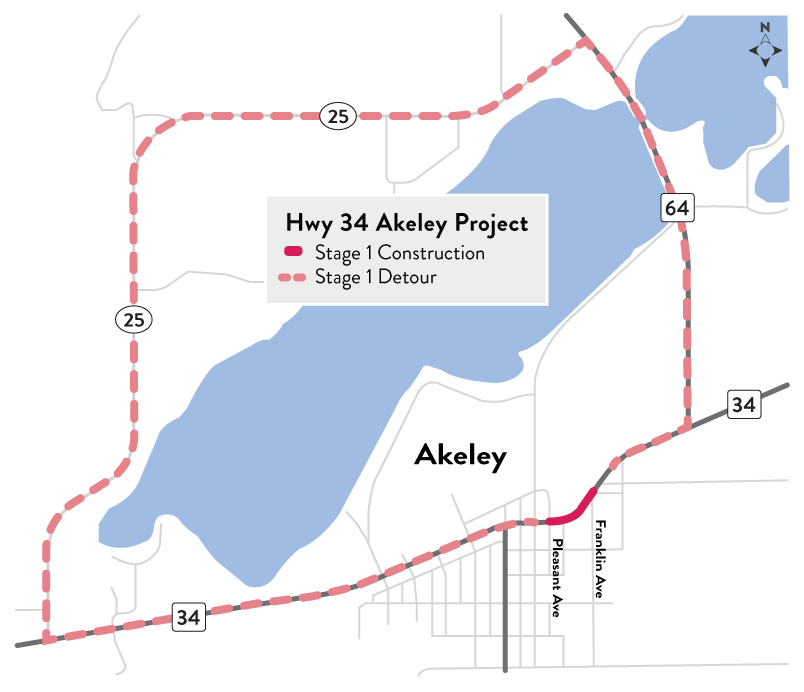 Graphic showing stage one detour onto county 25 and highway 64