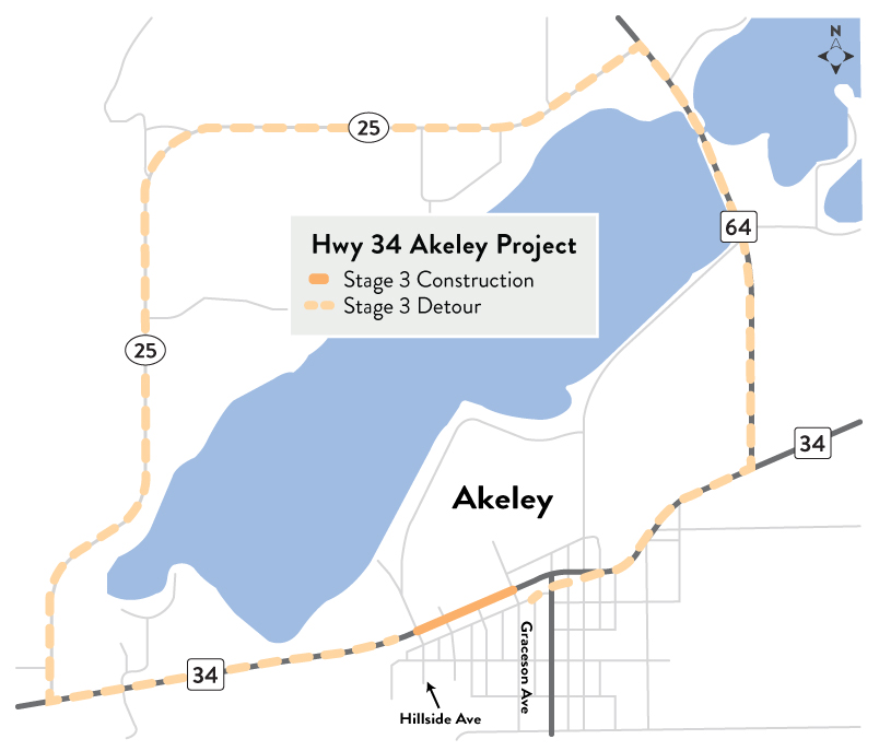 Graphic showing stage three detour onto county 25 and highway 64