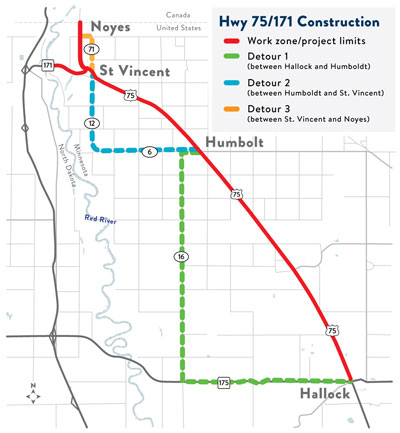 Highway 75 resurfacing between Hallock and Canada map showing the project limits