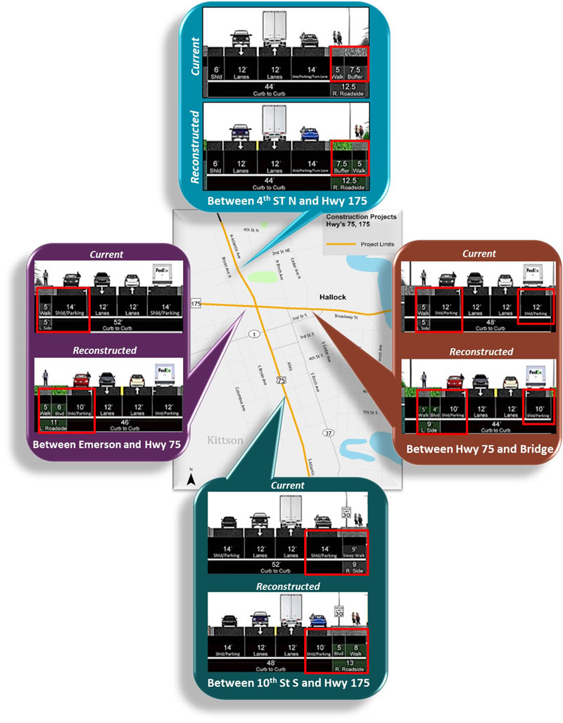 Click to enlarge Four layouts for Broadway Street to 10th Street South on Highway 75