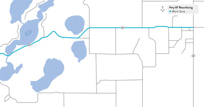 Map showing the eastern project on Highway 87 between Third Crow Wing Lake and Highway 64