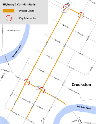 Highway 2 in Crookston map showing the project limits