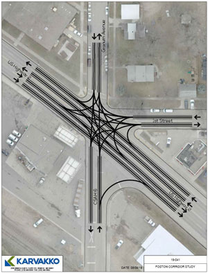 Turning options on the five-way intersection at Granum Ave and Highway 2