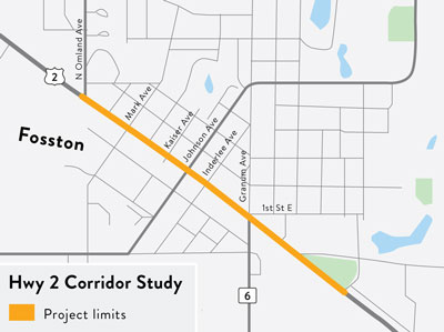 Highway 2 in Fosston map showing the project limits