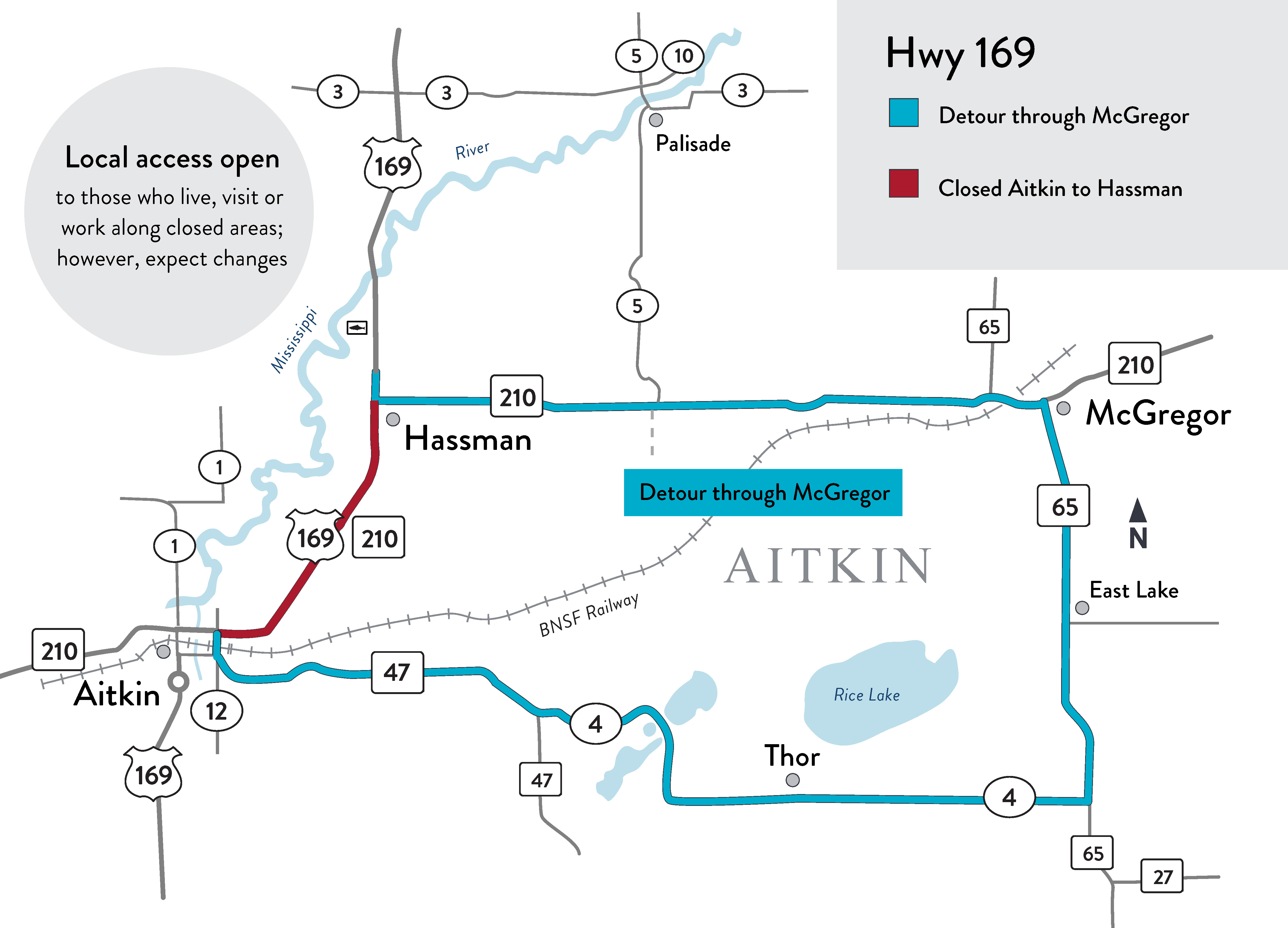 Periodic lane closures on Highway 169 between Aitkin and Hassman