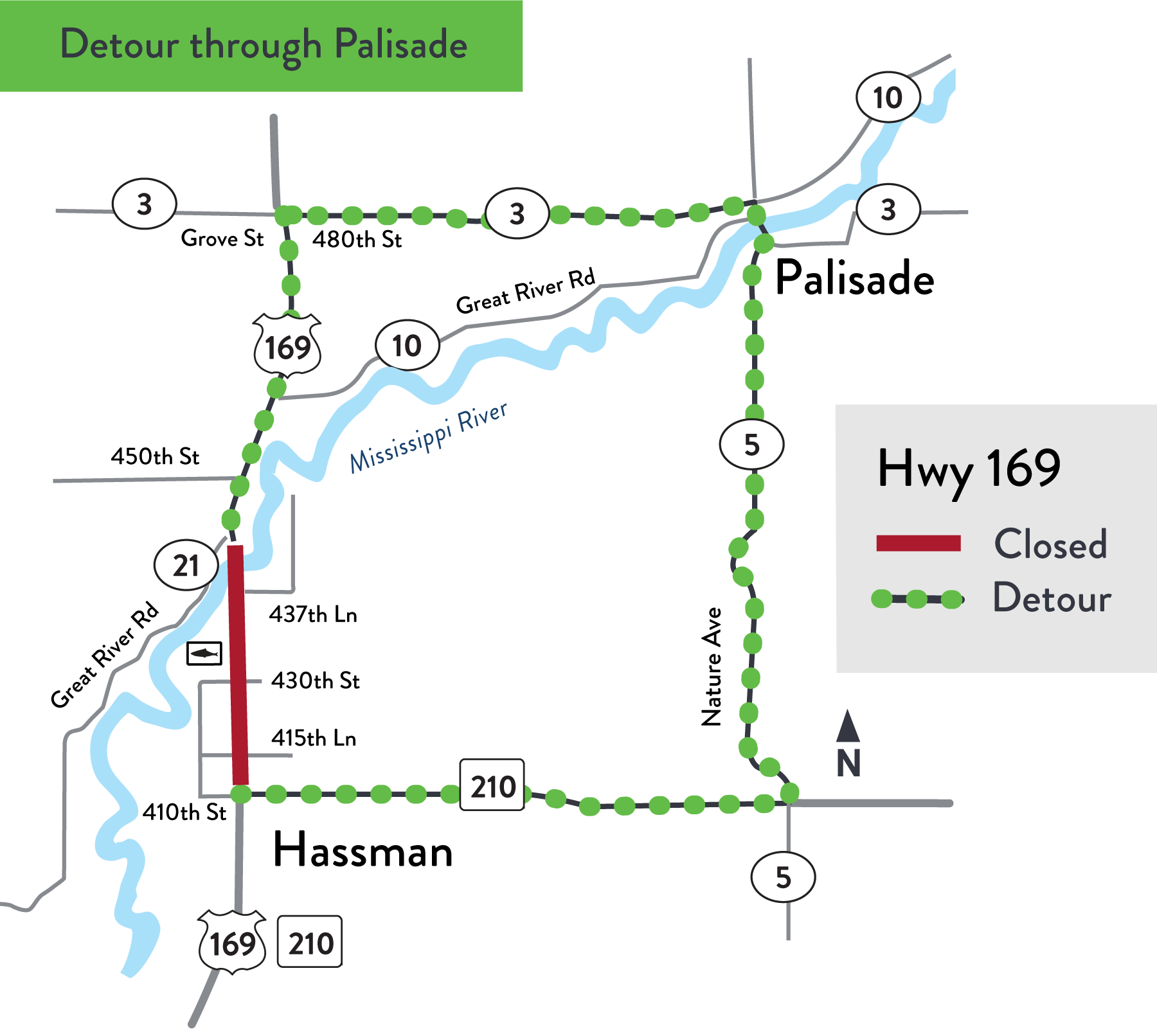 Detour in Aitkin via Hwy 169, Hwy 47 and Co. Rd. 12