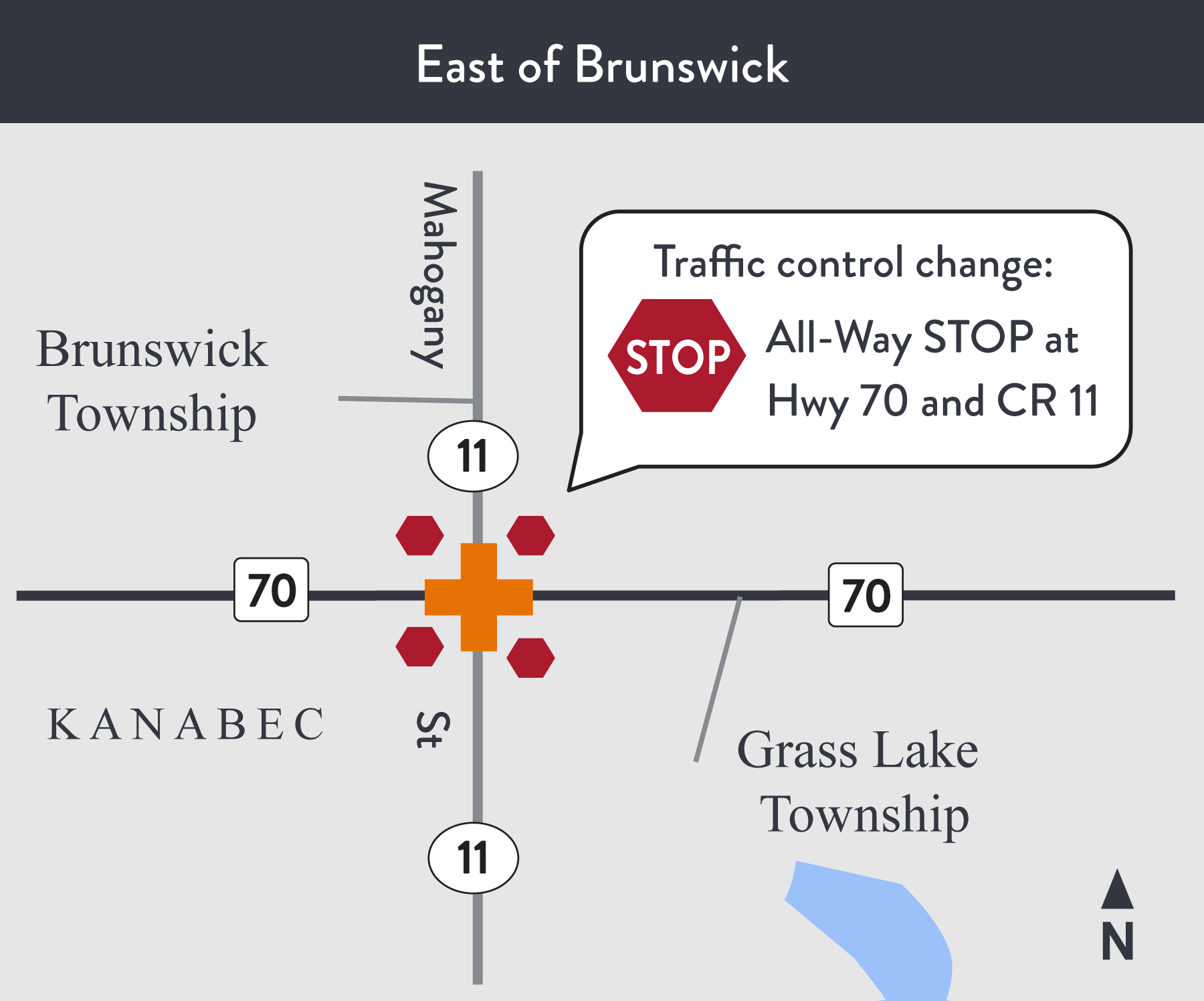 Hwy 70 at Co. Rd. 11 becomes all-way stop Hwy 70 at Co. Rd. 11 becomes all-way stop