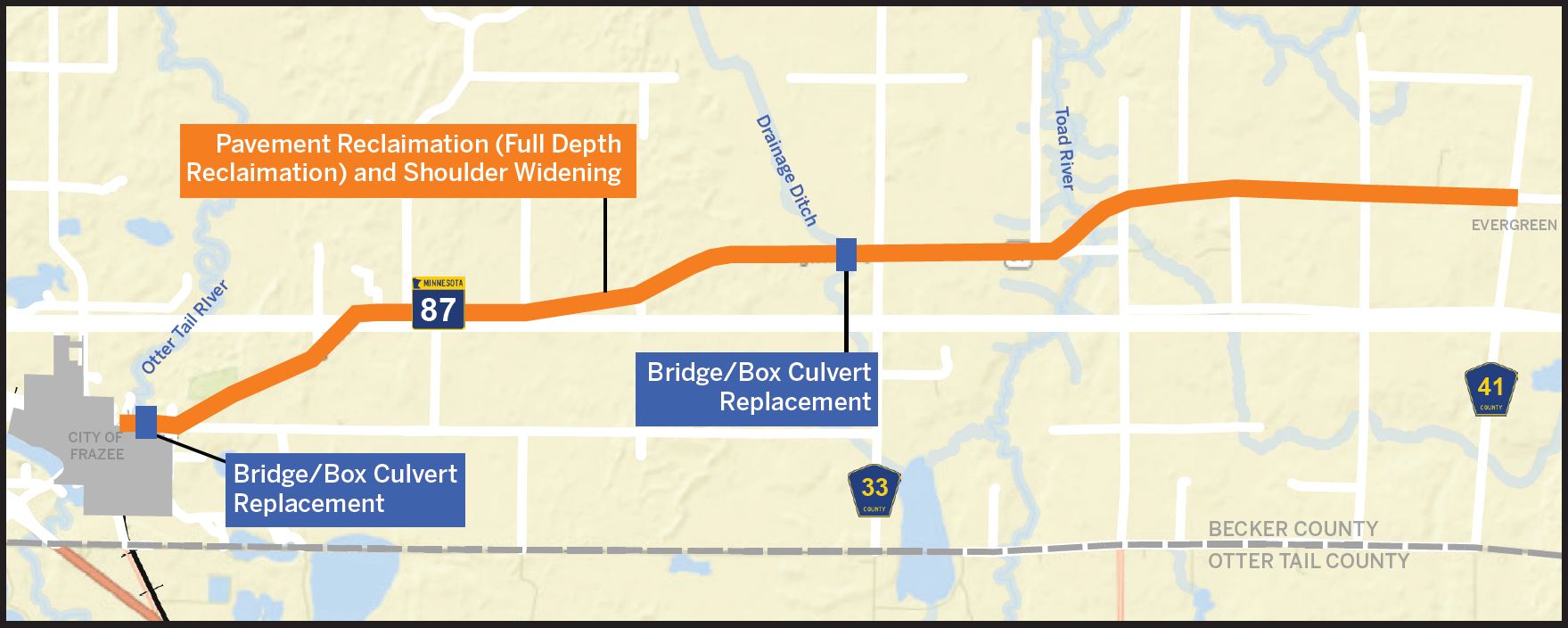 Project map for pavement resurfacing and shoulder widening for Highway 87 from Frazee to Evergreen