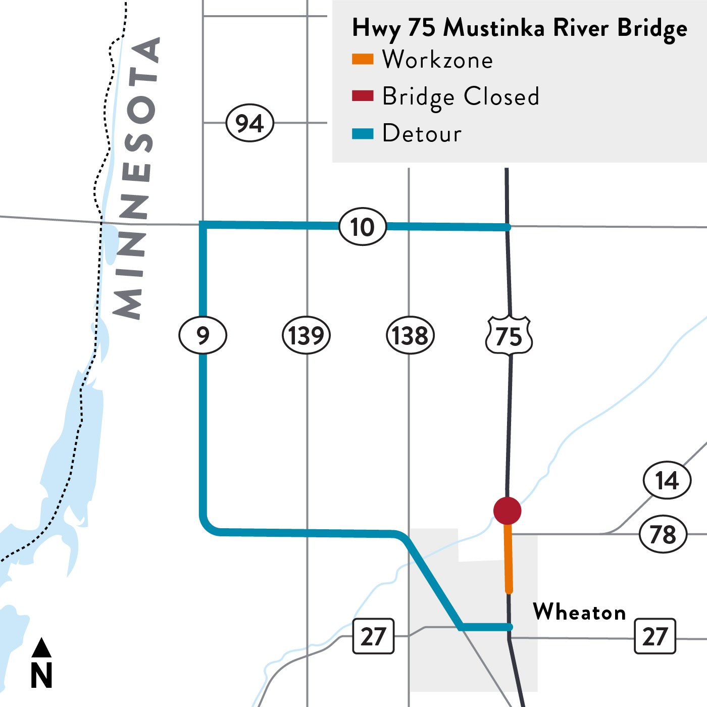 Project map for Highway 75 Mustinka River bridge replacement and resurfacing from the bridge to Fifth Street in Wheaton