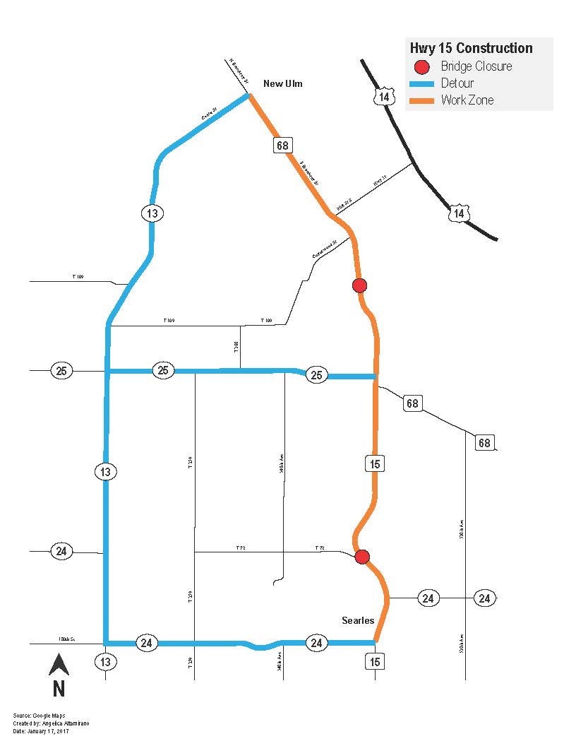 Map of the construction and detour areas.