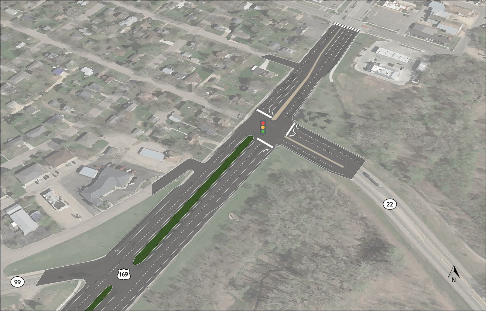 Illustration showing Concept A Build Alternative for Hwy 169, Hwy 22 and Hwy 99 in St. Peter, MN. Image shows the addition of a second SB Hwy 169 to EB Hwy 22 left turn lane.