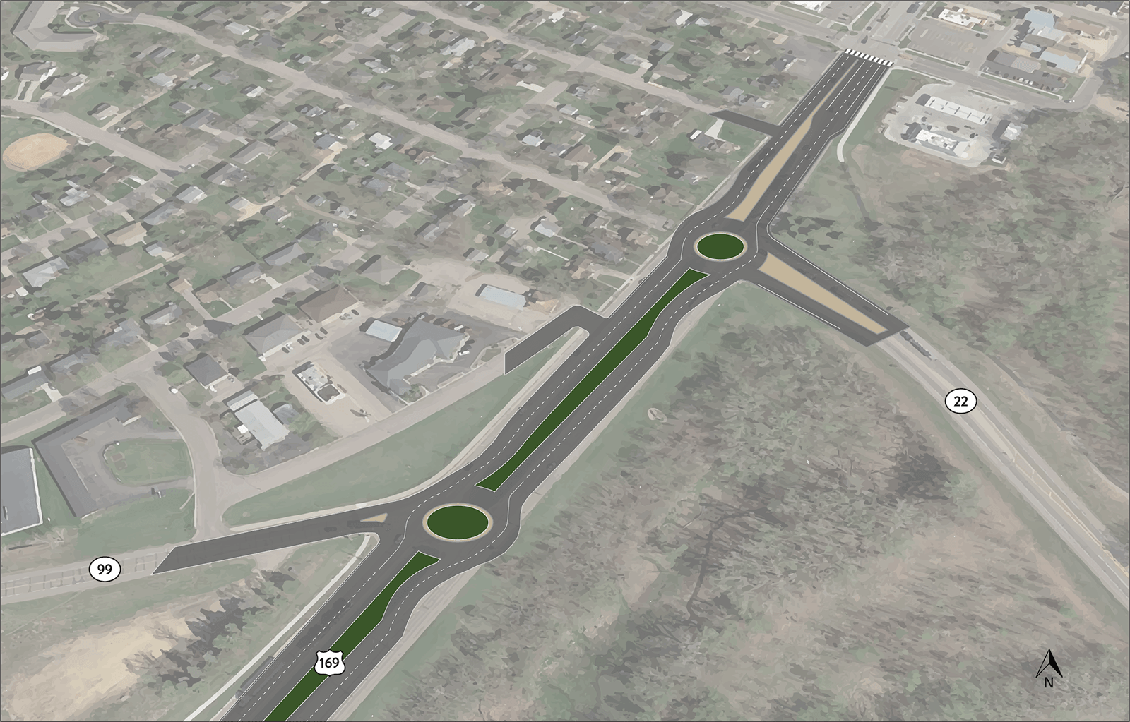 Illustration showing Concept B Build Alternative for Hwy 169, Hwy 22 and Hwy 99 in St. Peter, MN. Image shows roundabouts installed at the Hwy 169/22 intersection and the Hwy 169/99 intersection.