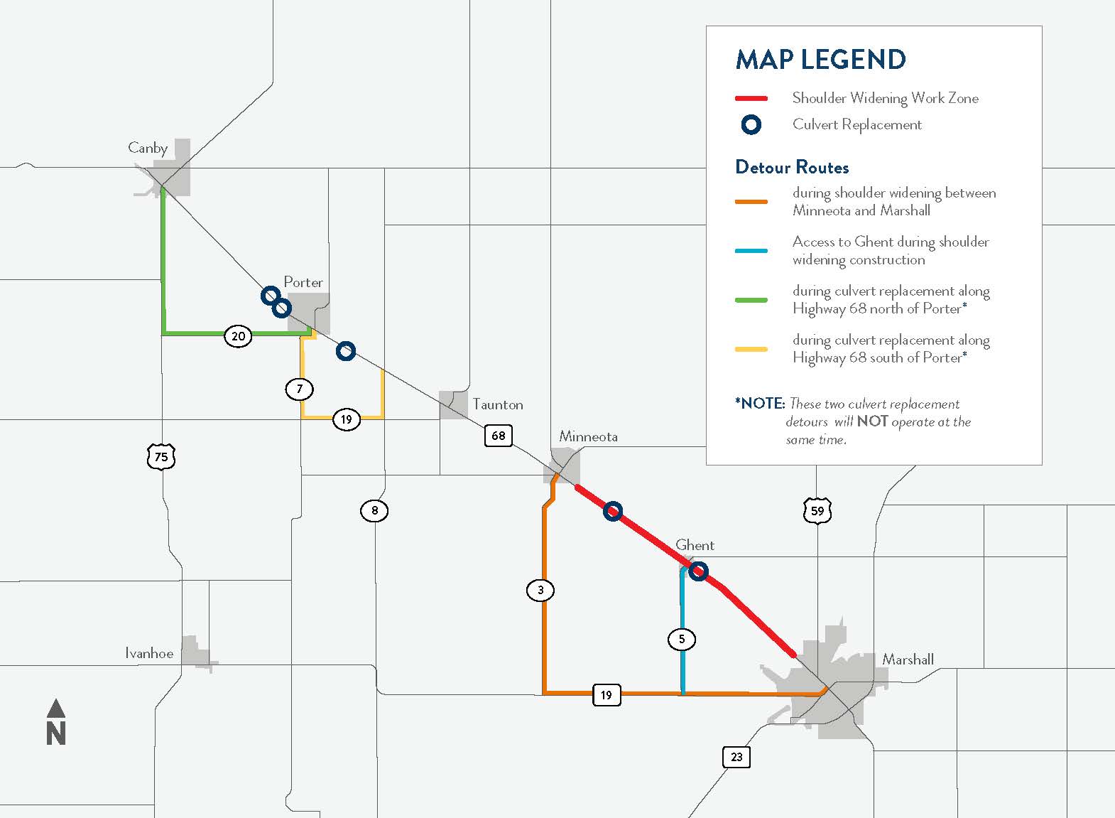 Hwy 68 project map with detour route
