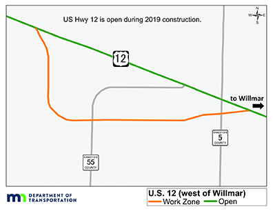 Work zone map for Hwy 12 map of Hwy 12 showing road open during 2019 and work zone of realignment of Hwy 12