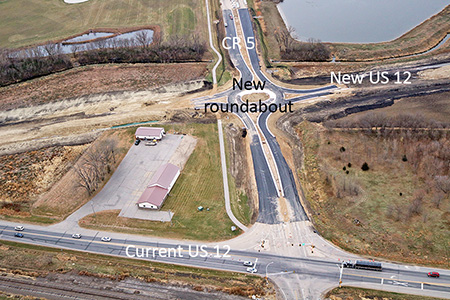 New roundabout at CR 5 and new US 12 with current US 12 in foreground.