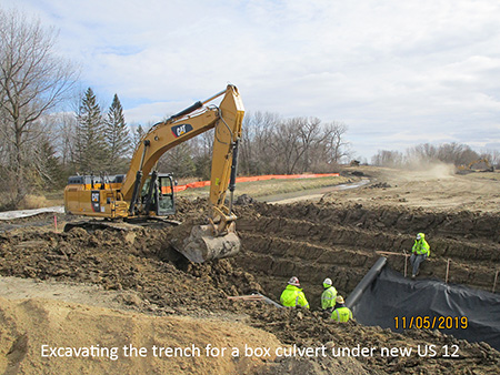 Excavating the trench for a box culvert under new US 12