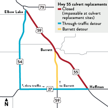 A map examble showing a closure, marked in red, with two detour routes marked with blue and green.