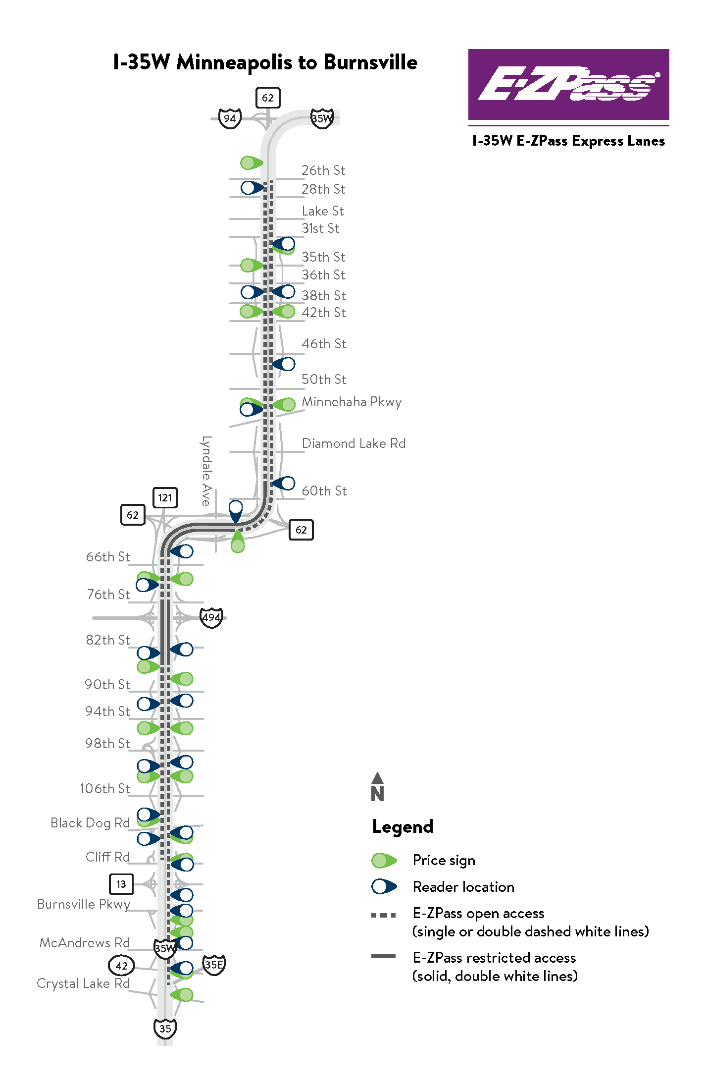 I-394 E-ZPass express lane map from Burnsville to Minneapolis