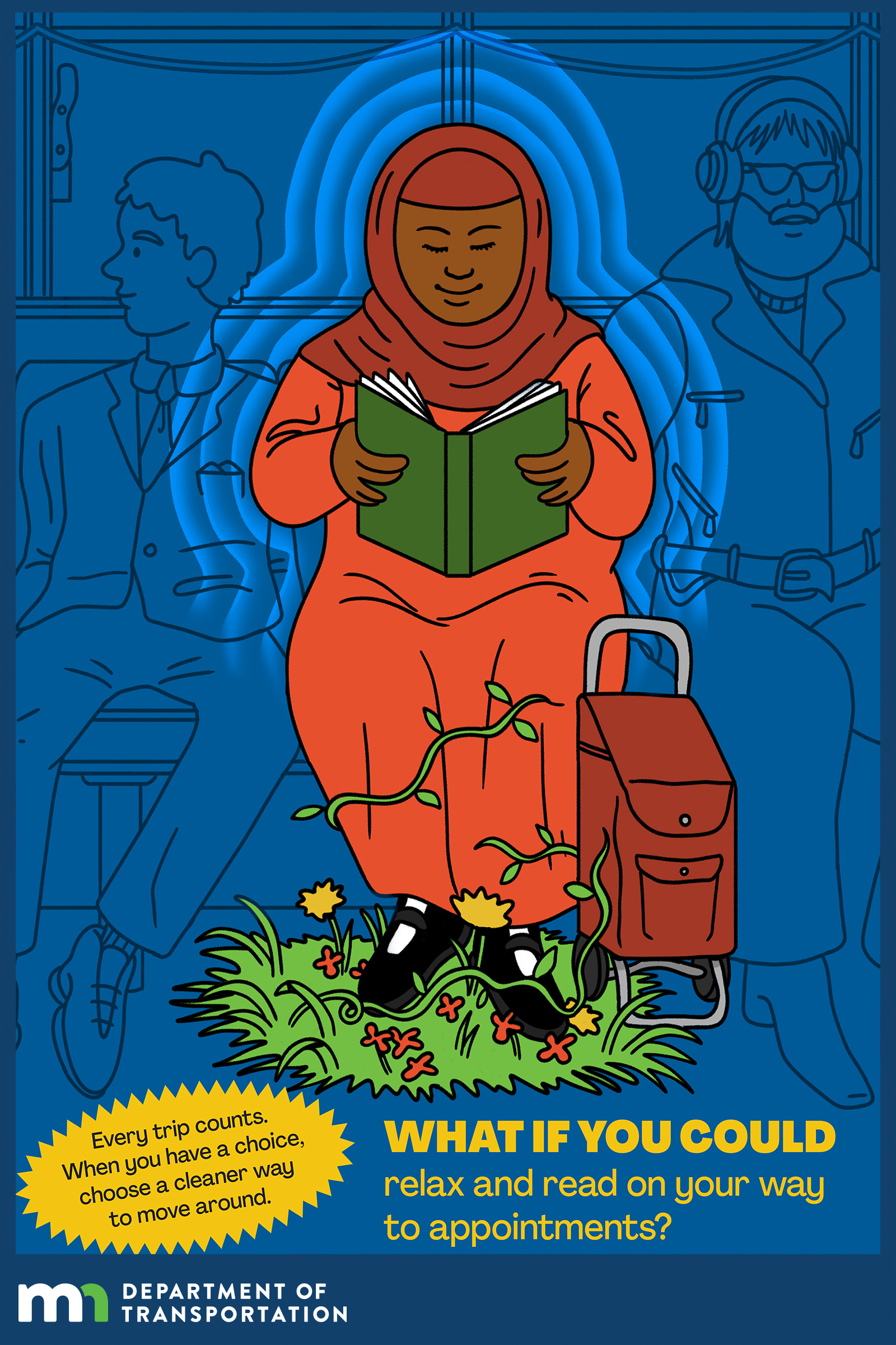 Illustration by graphic designer Noah Lawrence-Holder, as part of the What if You Could poster campaign. Image is of a woman sitting on a bus reading a book with the text What if you could relax and read on the way to your appointments?