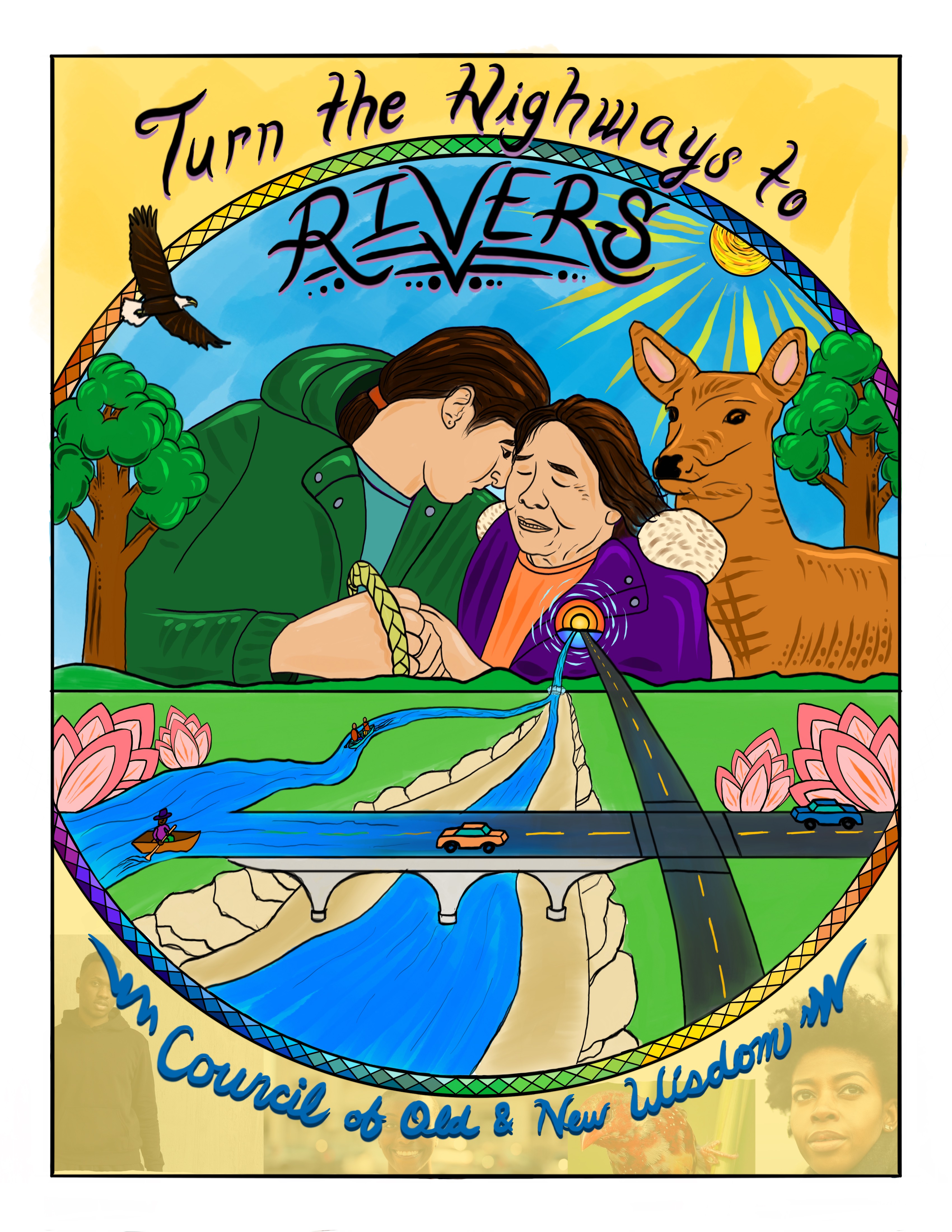 Turn Highways Into the Rivers illustration by graphic artist Bayou Bay showing a river, a highway, a deer and two Native Americans.