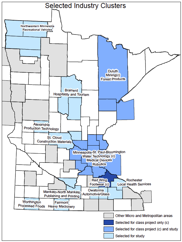 map of selected industry clusters