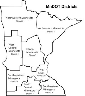 Map showing MnDOT's eight districts