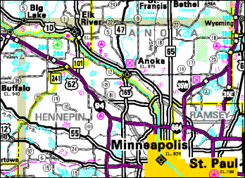 Map of the northwest Twin Cities metropolitan area. The GIM Section provides mapping for Minnesota's Official State Highway Map, produced every odd-numbered year.