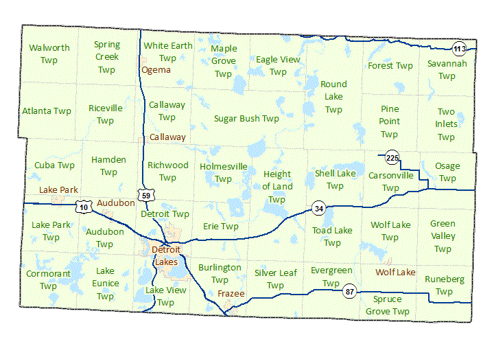 Becker County image map with links to city and township maps