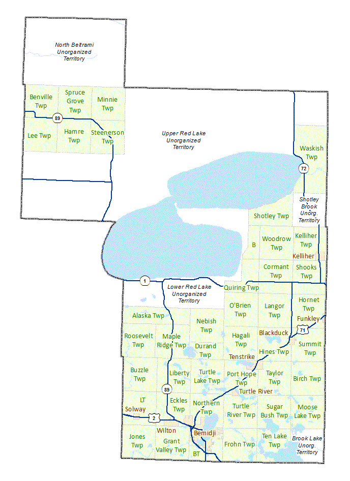 Beltrami County image map with links to city and township maps