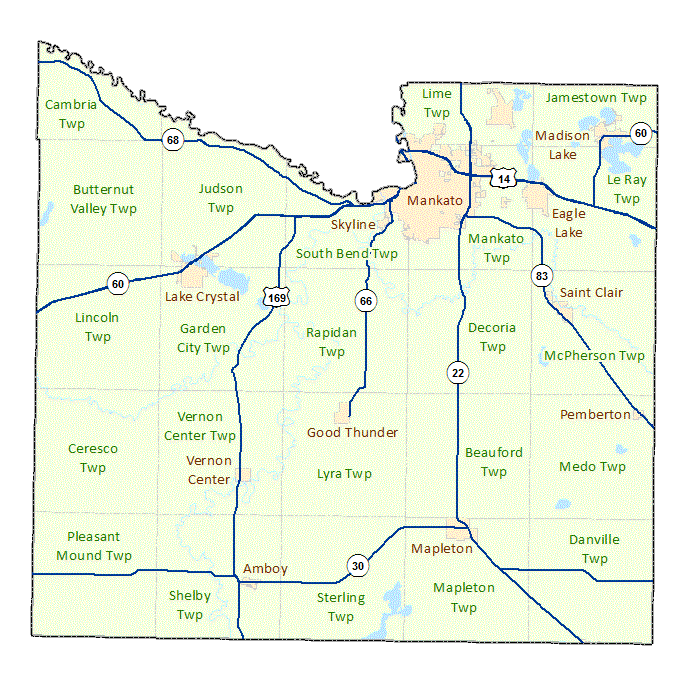 Blue Earth County image map with links to city and township maps