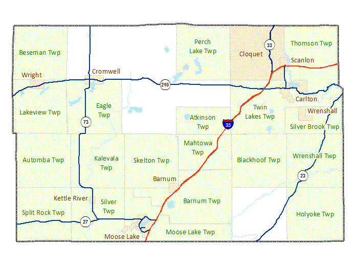 Carlton County image map with links to city and township maps