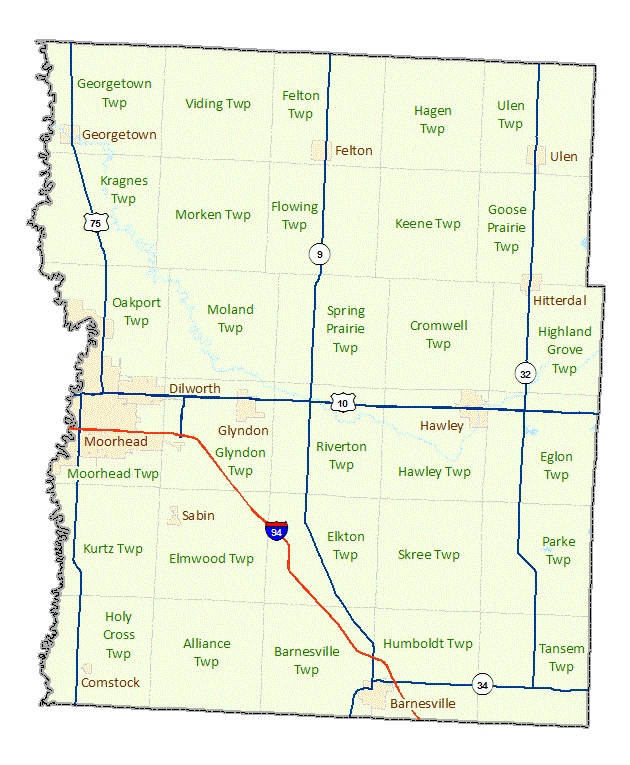 Clay County image map with links to city and township maps