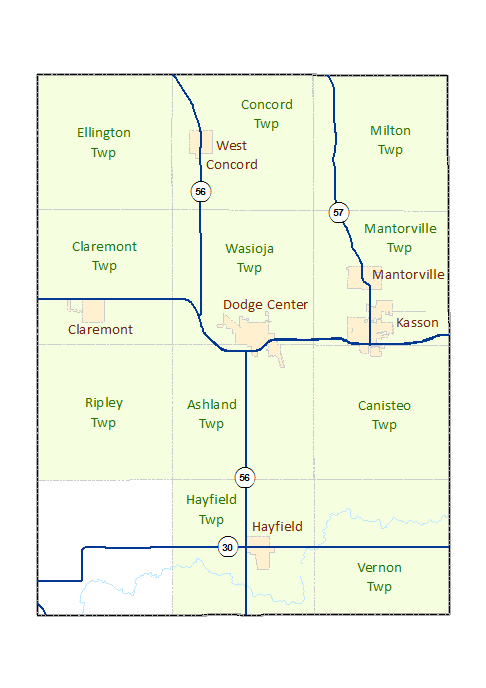 Dodge County image map with links to city and township maps