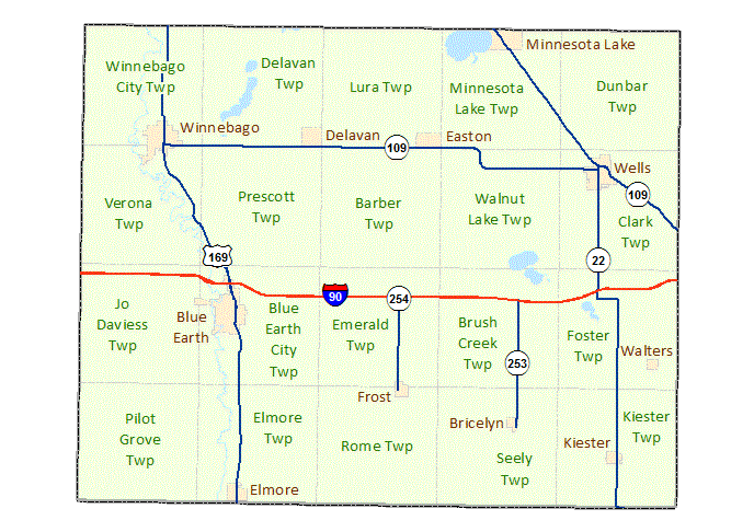 Faribault County image map with links to city and township maps