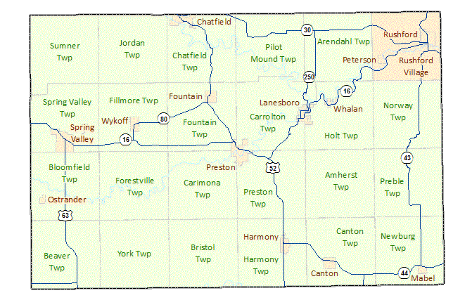 Fillmore County image map with links to city and township maps