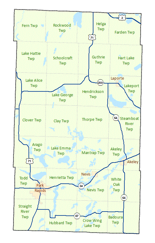 Hubbard County image map with links to city and township maps