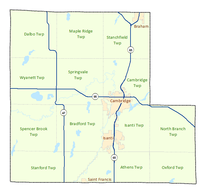 Isanti County image map with links to city and township maps
