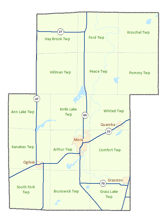 Kanabec County image map with links to city and township maps