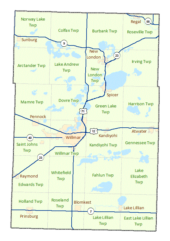 Kandiyohi County image map with links to city and township maps