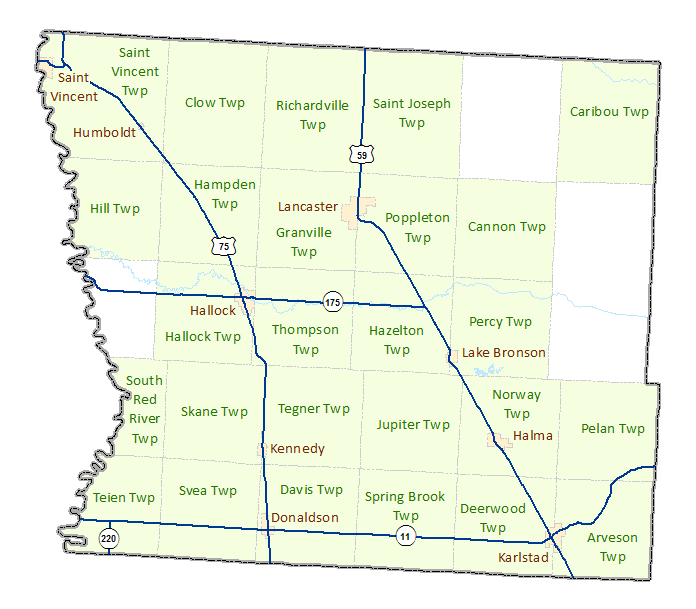 Kittson County image map with links to city and township maps