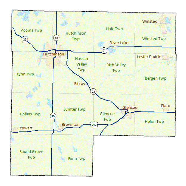 McLeod County image map with links to city and township maps
