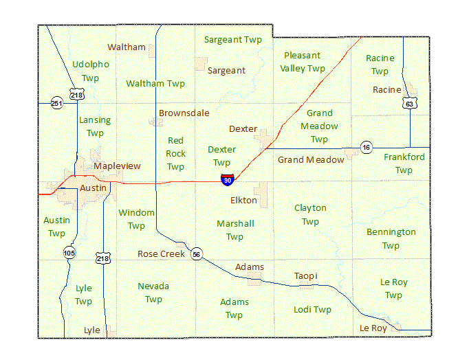 Mower County image map with links to city and township maps